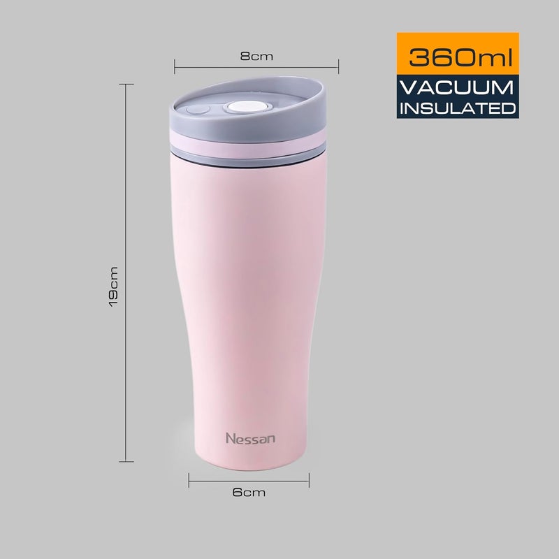 Nessan كوب نيسان المعزول من الفولاذ المقاوم للصدأ، 360 مل - الكوب الحراري المثالي المحمول لمشروباتك الساخنة والباردة في أي مكان: المنزل، الصالة الرياضية، الهواء الطلق، المكتب، والمدرسة - وردي - Image 1